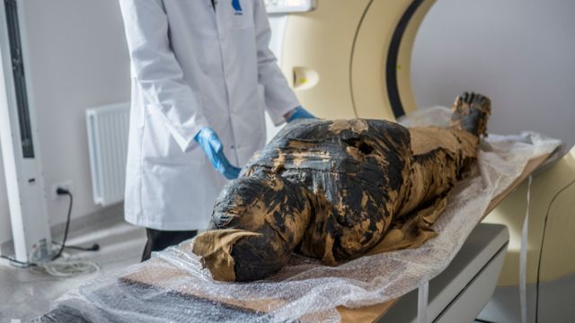 Researchers prepare to bring the body of the mummy of 