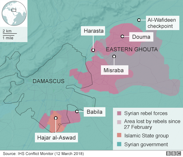 Map showing control of the Eastern Ghouta on 12 March 2018