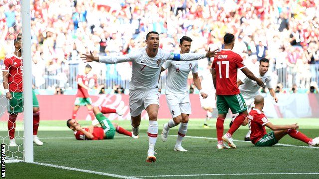 Cristiano Ronaldo celebrates scoring for Portugal against Morocco at the 2018 World Cup