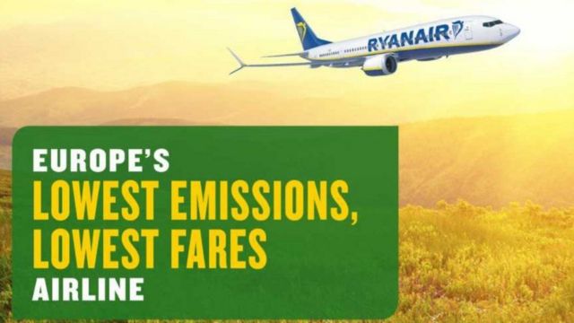 An advertisement from Ryanair claiming that it is the airline with the lowest emissions in Europe