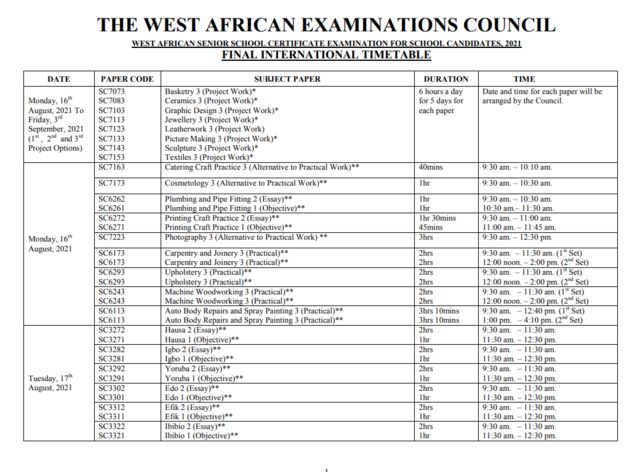 2021 WAEC TIMETABLE