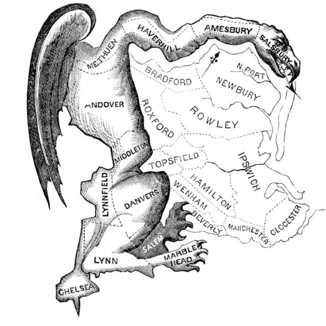 طرحی از نقشه جدید مناطق ماساچوست که در روزنامه Boston Gazette در سال ۱۸۱۲ منتشر شده بود