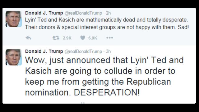 トランプ氏は、「おお、私が共和党候補に指名されないようにうそつきテッドとケーシックが共謀すると、さっき発表があった。必死だな！」とツイートした