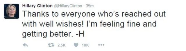 クリントン氏はツイッターに、「お見舞いを下さったみなさんに感謝します。気分は良くなり、回復しています」と投稿した