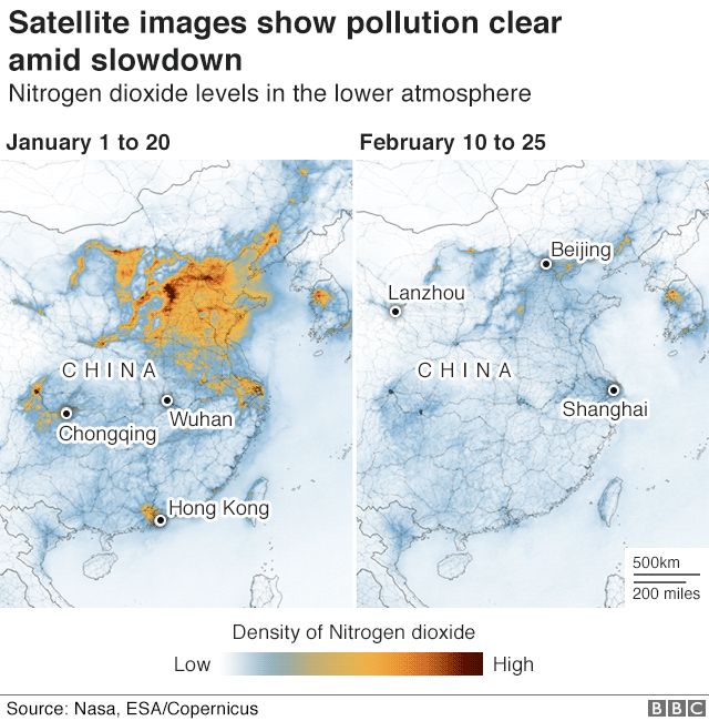 위성이 관측한 중국의 대기오염 상황 (하층 대기 이산화질소 농도 기준)