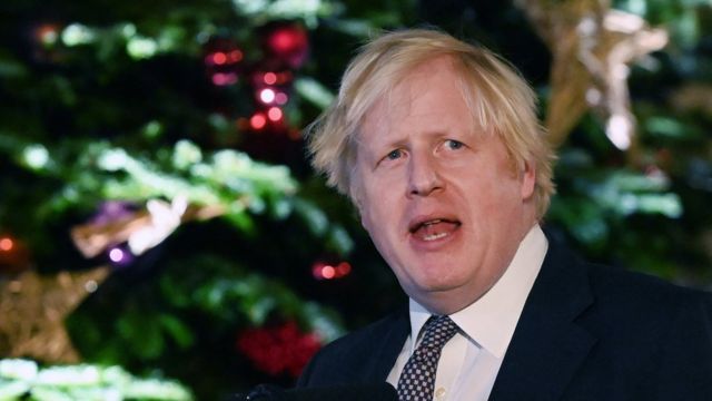 British Prime Minister Boris Johnson delivers a speech to business leaders at a Christmas market outside 10 Downing Street in London, Britain, 30 November 2021