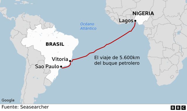 Mapa que muestra la distancia navegada por los polizones desde Nigeria hasta Brasil