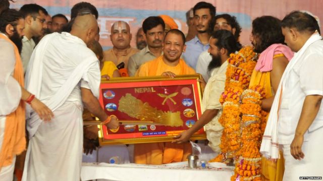 yogi adityanath 80th birthday celebration of Mahant Nritya Gopal Das Chairman of Ram Janambhoomi Nyas on June 25, 2018 in Ayodhya, India.