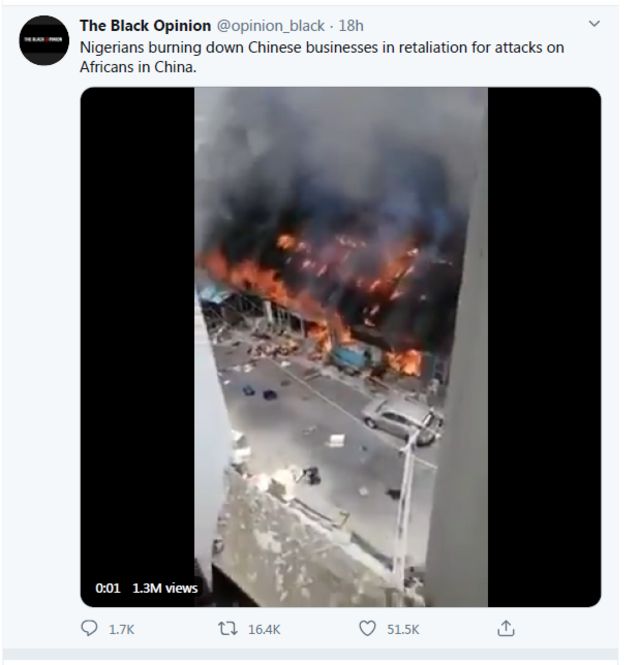 Screenshot of video falsely claimed to showing an attack on Chinese businesses in Nigeria