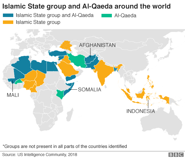 Map of the world showing countries where IS and al-Qaeda operate