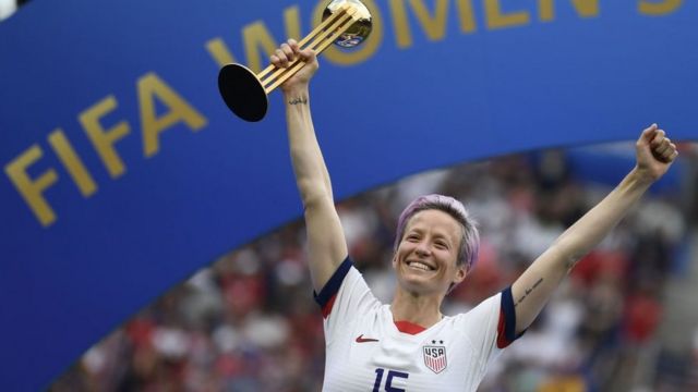 United States' forward Megan Rapinoe poses with the Golden Ball after the France 2019 Womens World Cup football final match between USA and the Netherlands, on July 7, 2019, at the Lyon Stadium in Lyon, central-eastern France.