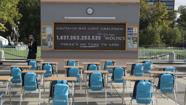 UNICEF unveils 'No Time to Lose' outside United Nations Headquarters to call attention to the education crisis brought by the COVID-19 pandemic during the 76th Session of the United Nations General Assembly on September 21, 2021 in New York, United States.