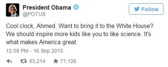 オバマ米大統領のアカウントは、アフメド君のような少年こそがアメリカを偉大にするのだと