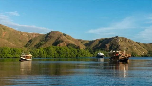 Kapal wisata bersandar di Taman Nasional Komodo