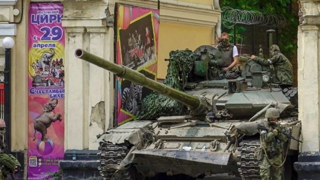 Wagner servicemen on a tank in Rostov-on-Don, Russia, 24 June 2023