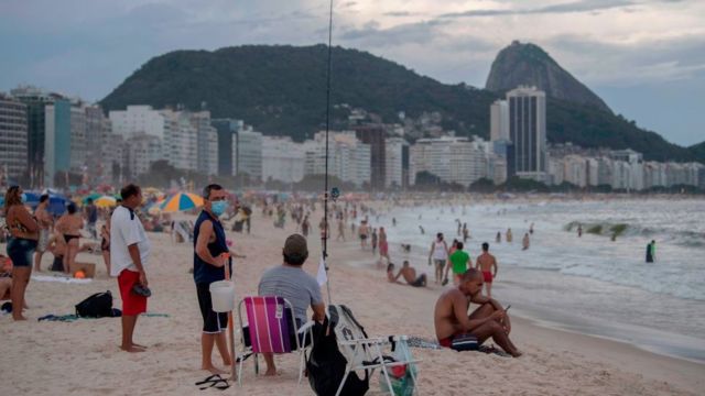 Beachgoers at the Copacabana beach in Rio