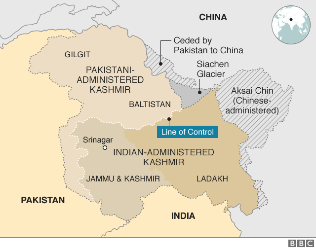 Kashmir map showing the location of the Siachen glacier, east f the Line of Control