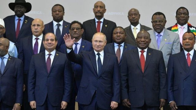 Putin and some of the African heads of state present at the Sochi summit in 2019