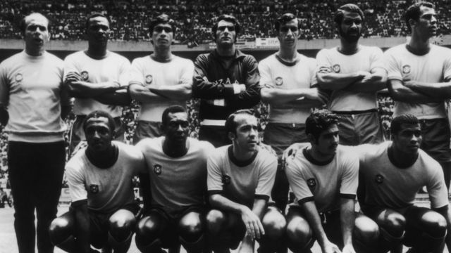 Brazilian World Cup Squad including (back row, left) Carlos Alberto, and second from right Socrates. Front row left to rihg Paolo Cesar, Pele, Tostao, Rivelino and Jairzinho