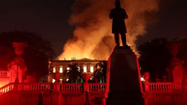 Firefighters try to extinguish a fire at the National Museum of Brazil in Rio de Janeiro, Brazil on 2 September 2018.