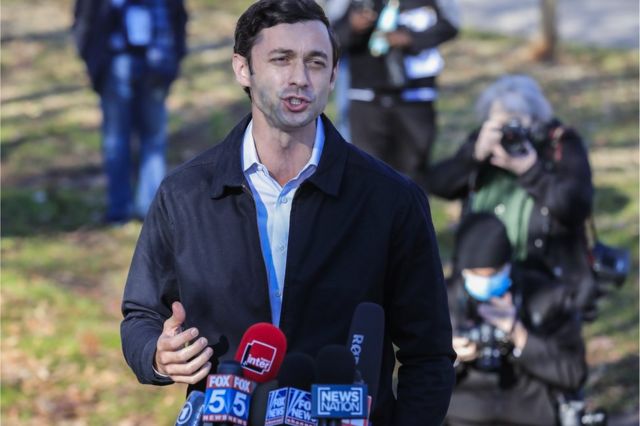 Jon Ossoff speaks to the media at the Dunbar Neighborhood Center voting center in Atlanta, Georgia, USA, January 5, 2021