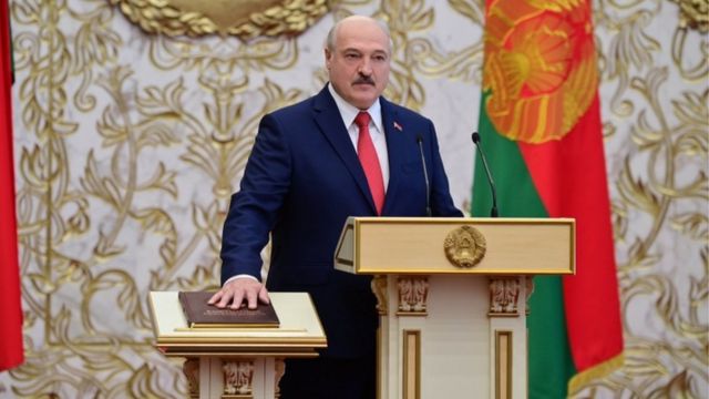 Alexander Lukashenko takes the oath of office as Belarusian President during a swearing-in ceremony in Minsk, Belarus September 23