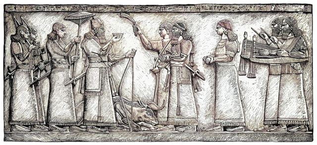 Ilustración de un rey asirio del 883 al 859 a.C. que lleva una ofrenda a los dioses.