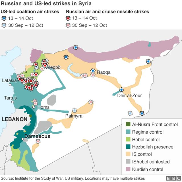 ロシア（赤）と米主導の有志連合（青）がそれぞれシリア領内で空爆した場所