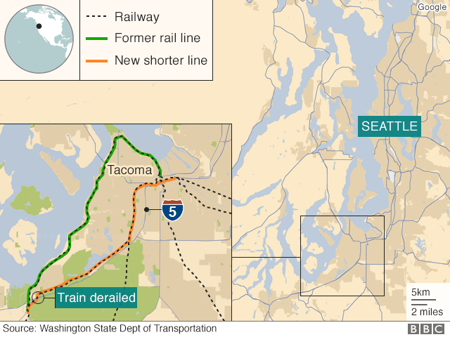 Map showing location of train crash near DuPont, Washington State