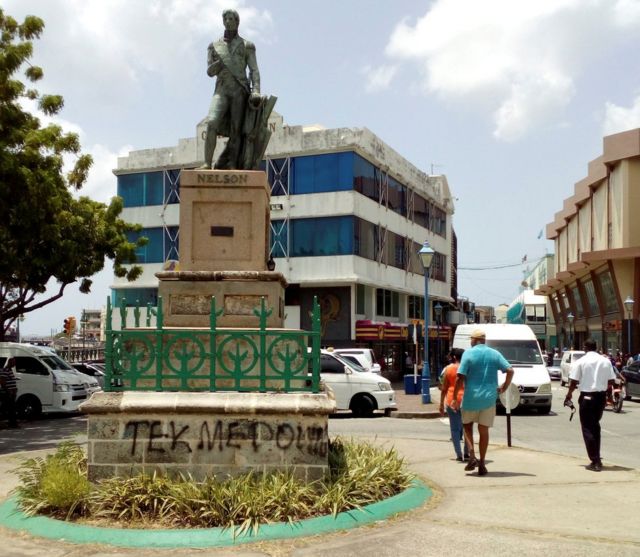 A statue of Nelson stands with its plinth vandalised a day after the Barbados government said it wished to become a republic
