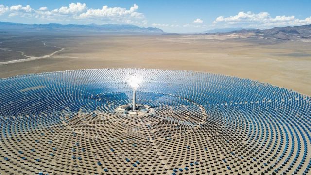 Spectacular aerial view of a solar thermal power plant station in Nevada desert, USA.