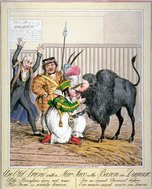 Caricatura: 'Un viejo amigo con una cara nueva o el barón disfrazado', 1821