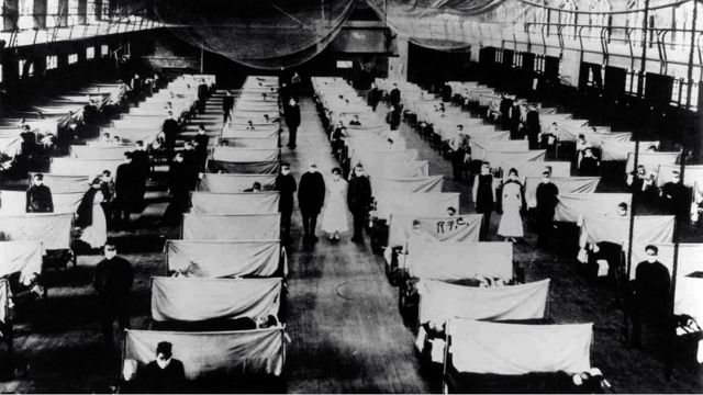 Image shows warehouses that were converted to keep the infected people quarantined. The patients are suffering from the 1918 Influenza pandemic, a total of 50-100 million people were killed. Dated 1918 (Photo by: Universal History Archive/UIG via Getty Images)