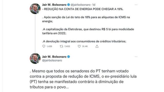 Reprodução de uma mensagem do presidente no Twitter