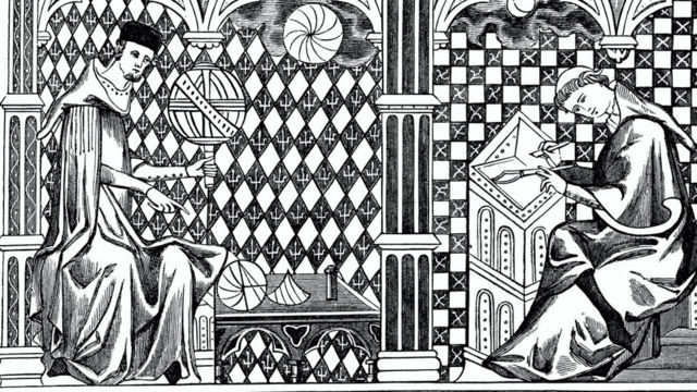 Средневековая гравюра: ученые монахи с глобусом и астролябией