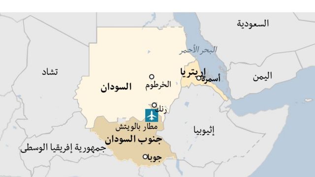 خريطة من بي بي سي تظهر موقع مدينة رنك ومطار بالويتش في جنوب السودان