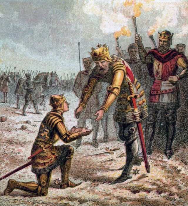 Эдуард Черный принц принимает поздравления от отца, короля Эдуарда III после битвы у Кресси
