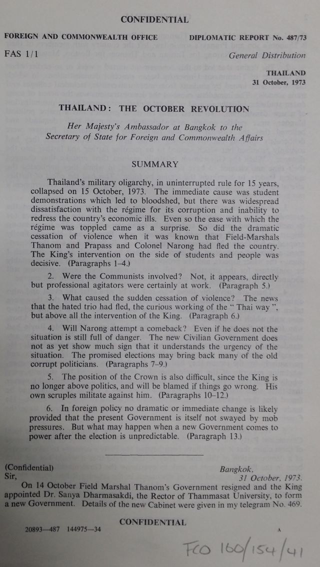 TNA, FCO 160/154/41 - Thailand: the October Revolution, 31 October 1973