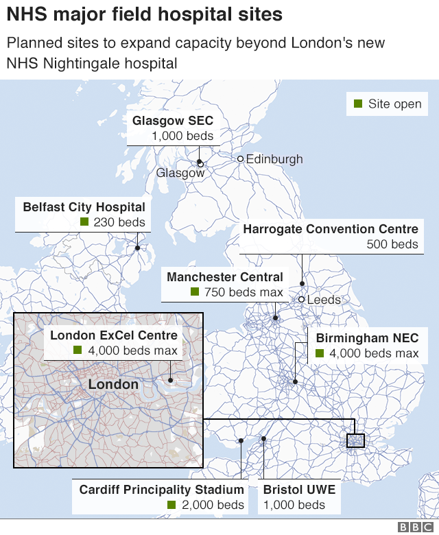 Map showing locations of NHS Nightingale in London and other locations