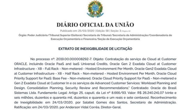 contrato do TSE com a Oracle do Brasil Sistemas, responsável pelo serviço