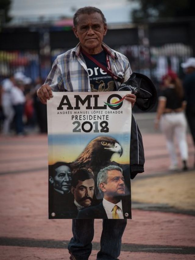 Hombre con una pancarta de AMLO para presidente.