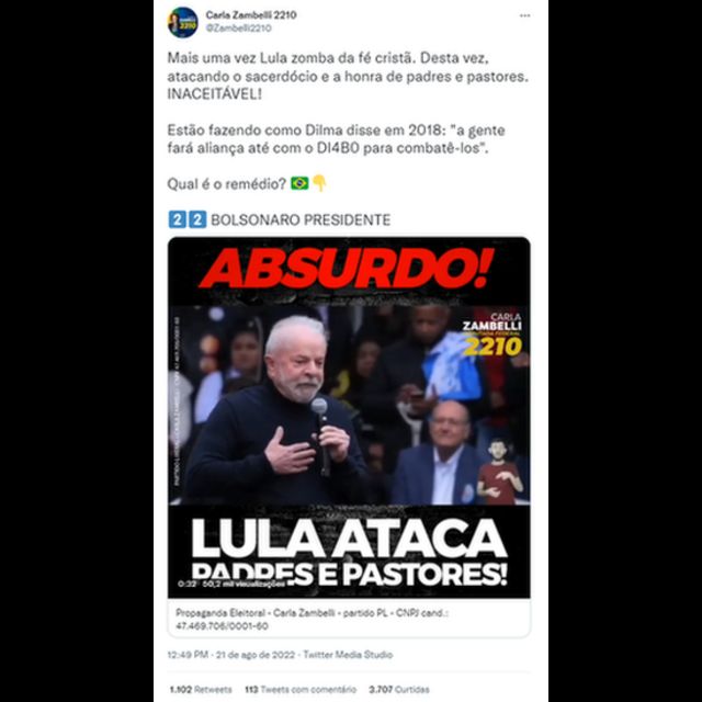 "Mais uma vez Lula zomba da fé cristã", escreveu a deputada Carla Zambelli em post compartilhado no Twitter