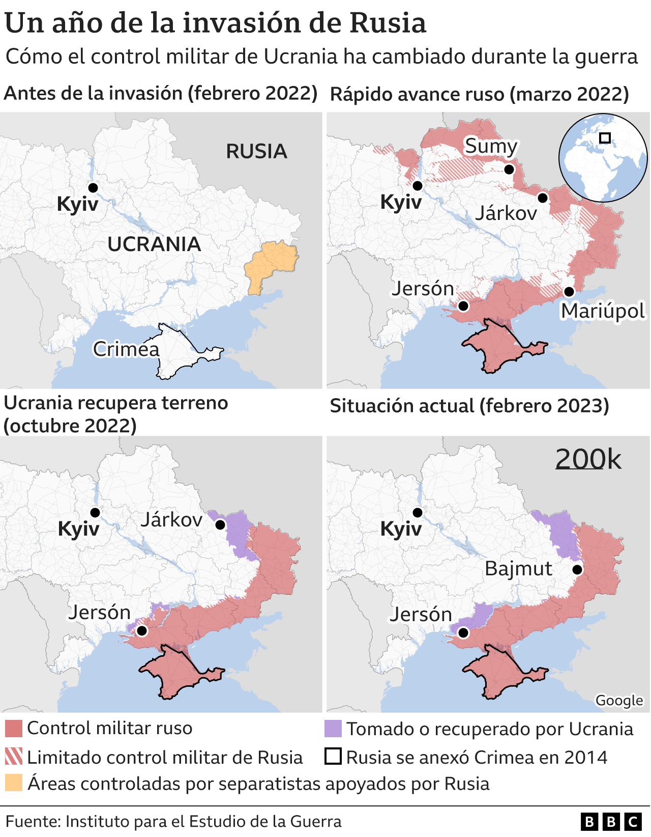 Mapas de cómo ha cambiado el control en Ucrania durante la guerra