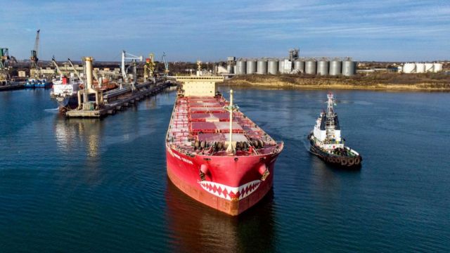 A grain ship in the port of Chornomorsk on Ukraine's Black Sea coast