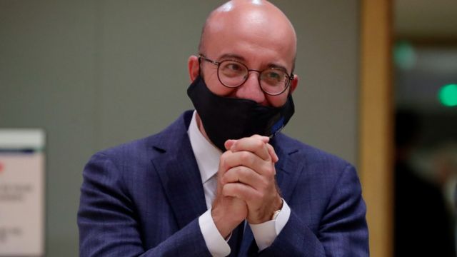 European Council President Charles Michel participates in a final roundtable discussion following a four-day European summit in Brussels, Belgium, 21 July 2020.