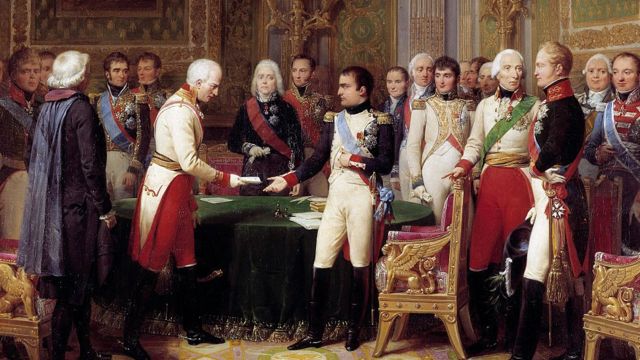 Napoleón recibiendo al embajador de Austria, Baron Vincent. Al medio, se ve a Talleryrand, quien se desempeñó como ministro de Exteriores de Napoleón.