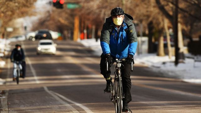 Cyclist in Denver, Colorado on Thursday.  December 17, 2020