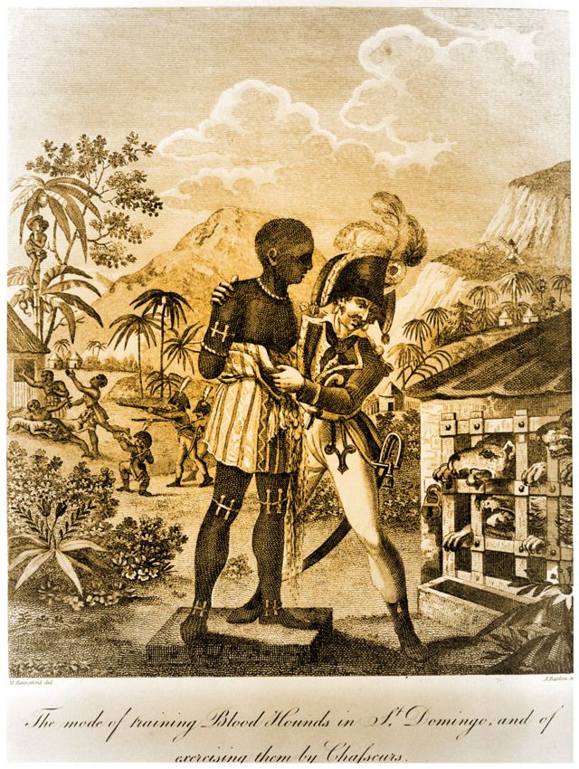 Grabado de un boceto del soldado británico Marcus Rainsford que muestra cómo entrenaban a los sabuesos en Santo Domingo usando esclavos, 1791-1803.
