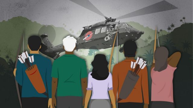 Ilustração mostra resisência de indígenas à chegada de helicóptero para vacinação contra covid-19