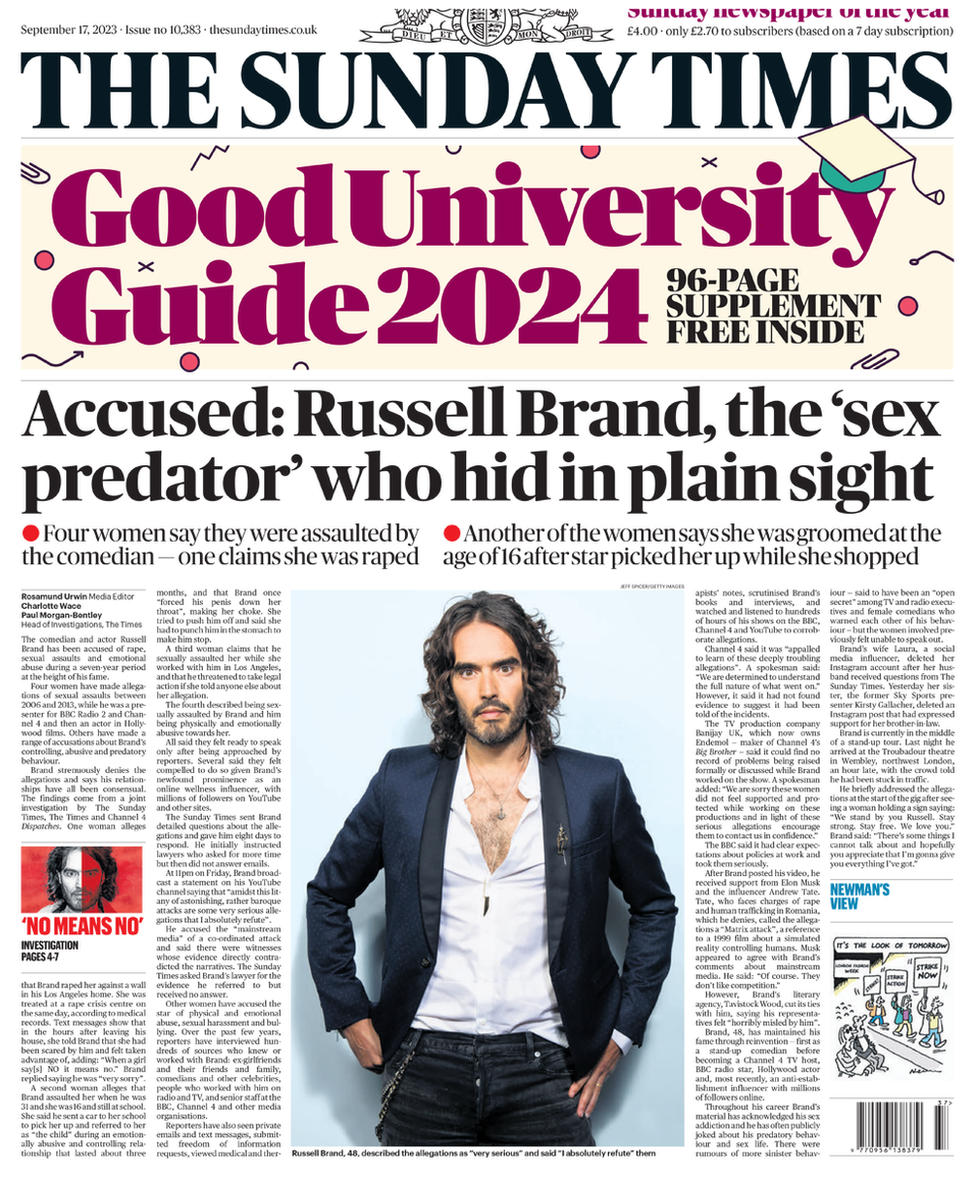Scotlands papers Russell Brand allegations and dementia study blow